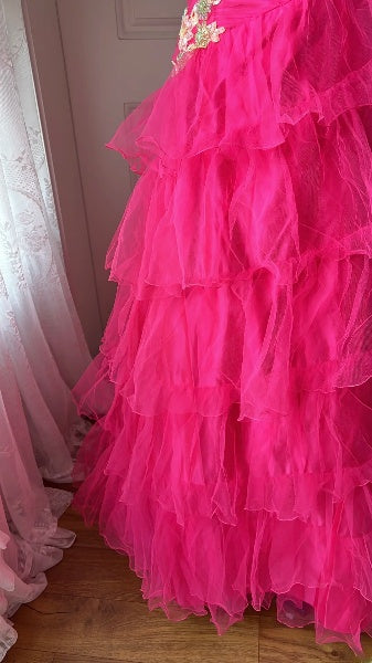 Modest Prom Dresses Aesthetic 90s Retro Mermaid Strapless Layers Tulle Hot Pink Evening Outfits RC0610