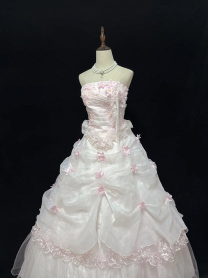 Ethereal Prom Dress Ball Gowns Strapless Pink Tulle Poofy Basque Waist Long With 3D Flowers Quince Dress inspo Quinceanera Dresses Vestidos De 15 anos RB7723