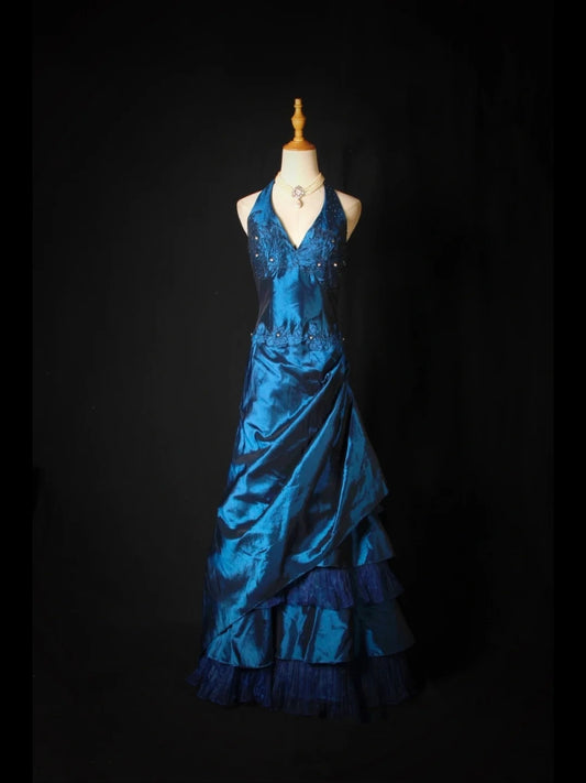 Vintage Ball Gown Halter Navy Blue Taffeta With Beaded Tiered Bodice Long Prom Dresses Impress 18th Birthday Outfits Prom Gown AS274