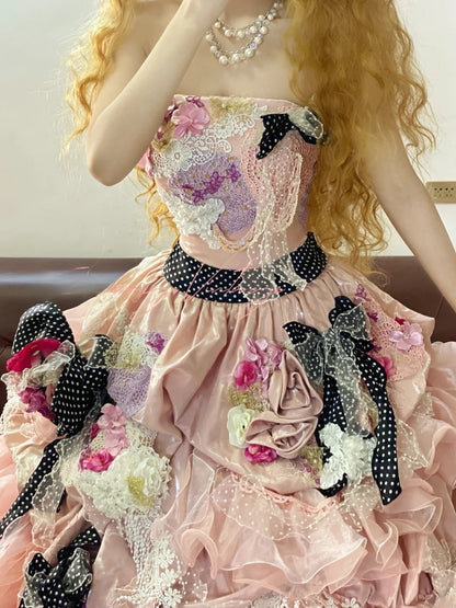 Quinceanera Dress Pink Strapless With 3D Flowers Long Ball Gown Sweet 15 Gown RB9262