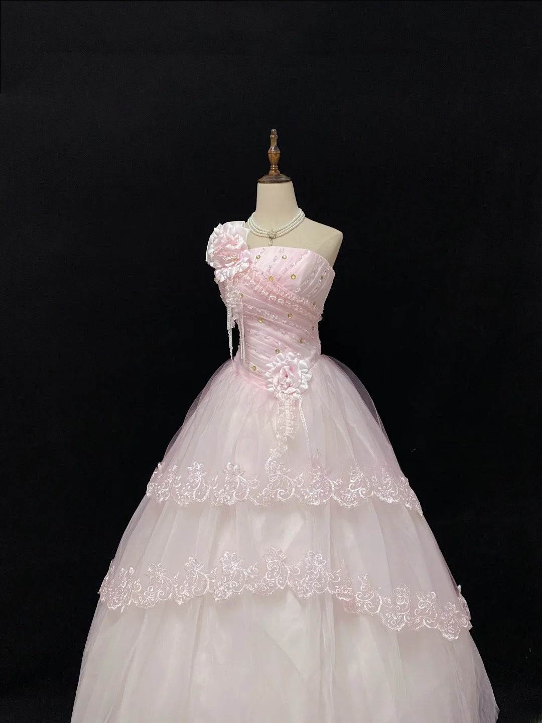Ethereal Prom Dress Ball Gowns Strapless Pink Tulle Poofy Basque Waist Long With 3D Flowers Veil Quince Dress inspo Quinceanera Dresses Vestidos De 15 anos RB7724