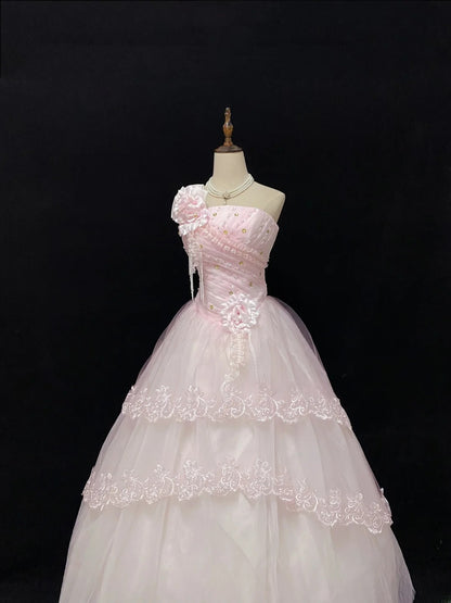 Ethereal Prom Dress Ball Gowns Strapless Pink Tulle Poofy Basque Waist Long With 3D Flowers Veil Quince Dress inspo Quinceanera Dresses Vestidos De 15 anos RB7724