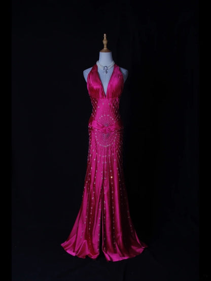 Vintage Mermaid V Neck Halter Hot Pink Satin With Flowers Beaded Bodice Long Prom Dresses Impress 18th Birthday Outfits Prom Gown AS275