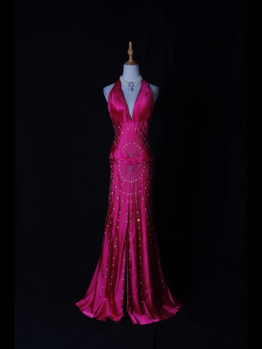 Vintage Mermaid V Neck Halter Hot Pink Satin With Flowers Beaded Bodice Long Prom Dresses Impress 18th Birthday Outfits Prom Gown AS275
