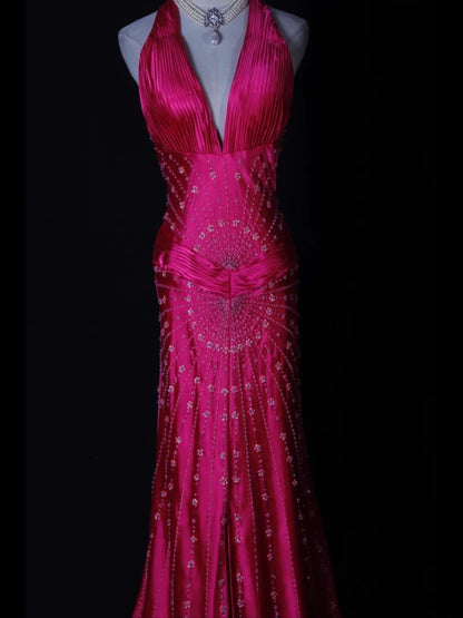 Vintage Mermaid V Neck Halter Hot Pink Satin With Flowers Beaded Bodice Long Prom Dresses Impress 18th Birthday Outfits Prom Gown AS275
