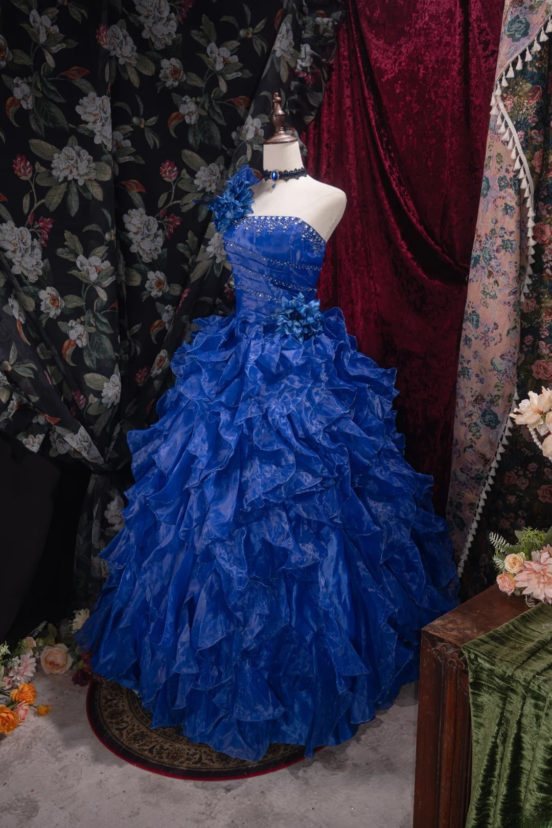 Cute Ball Gown Formal Events One Shoulder Royal Blue Organza With Tiered Quince Dress Quinceanera Dresses Birthday Outfits RB8525