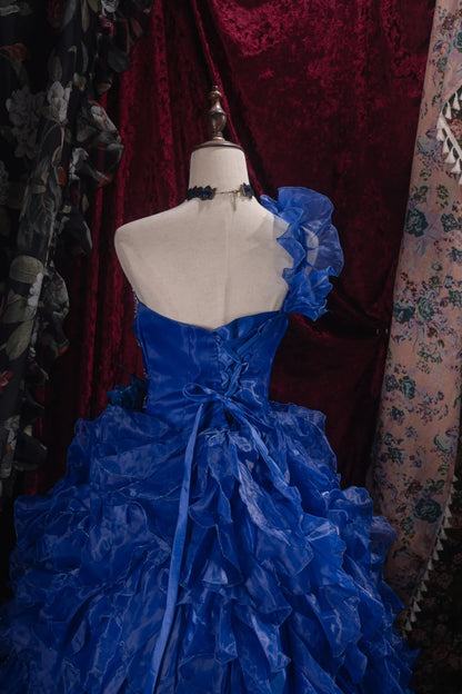 Cute Ball Gown Formal Events One Shoulder Royal Blue Organza With Tiered Quince Dress Quinceanera Dresses Birthday Outfits RB8525