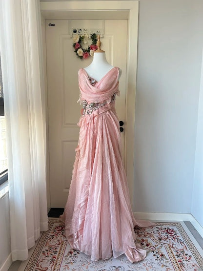 Modest Prom Dresses Aesthetic 90s Retro Mermaid Chiffon Floor Length Pink Evening Outfits RC0614