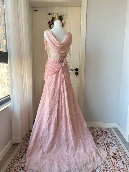 Modest Prom Dresses Aesthetic 90s Retro Mermaid Chiffon Floor Length Pink Evening Outfits RC0614