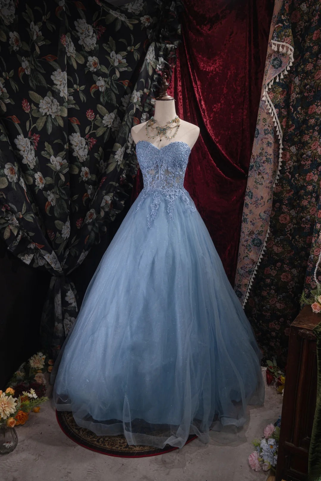 Cute Ball Gown Formal Events Sweetheart Blue Tulle With Appliqued Quince Dress Long Quinceanera Dresses Birthday Outfits RB8526