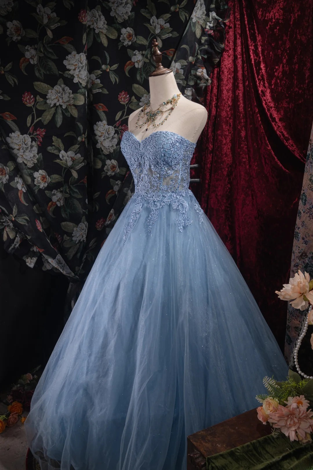 Cute Ball Gown Formal Events Sweetheart Blue Tulle With Appliqued Quince Dress Long Quinceanera Dresses Birthday Outfits RB8526