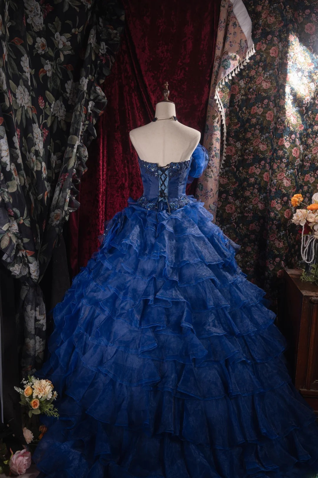 Cute Ball Gown Formal Events Strapless Royal Blue Organza With Tiered 3D Flowers Quince Dress Quinceanera Dresses Birthday Outfits RB8527