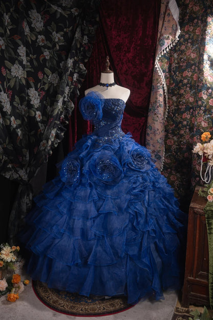 Cute Ball Gown Formal Events Strapless Royal Blue Organza With Tiered 3D Flowers Quince Dress Quinceanera Dresses Birthday Outfits RB8527