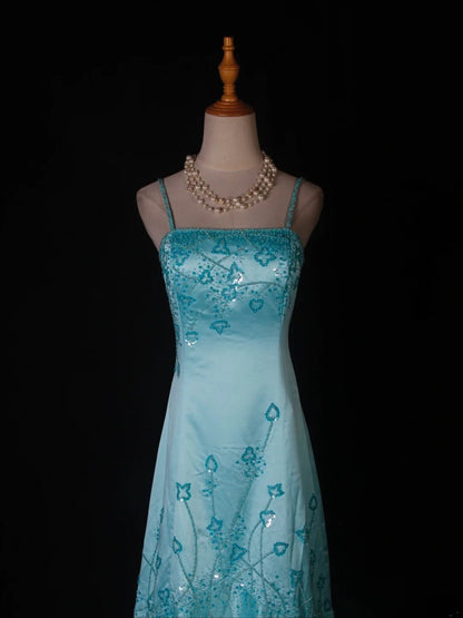 Vintage Mermaid Spaghetti Straps Satin With Beads Bodice Tiffany Blue Long Prom Dresses Impress 18th Birthday Outfits Prom Gown AS279