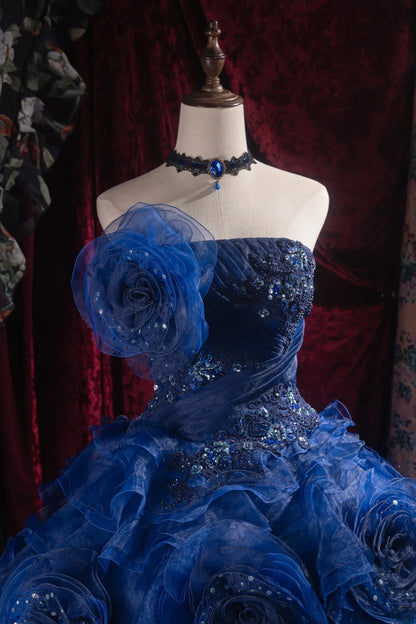 Cute Ball Gown Formal Events Strapless Royal Blue Organza With Tiered 3D Flowers Quince Dress Quinceanera Dresses Birthday Outfits RB8527