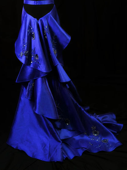 Modest Prom Dresses Mermaid 2 Pieces Royal Blue With Beading Open Backs Long Night Evening Formal Outfits RB6121