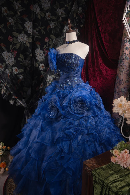 Cute Ball Gown Formal Events Strapless Royal Blue Organza With Tiered 3D Flowers Quince Dress Quinceanera Dresses Birthday Outfits RB8527