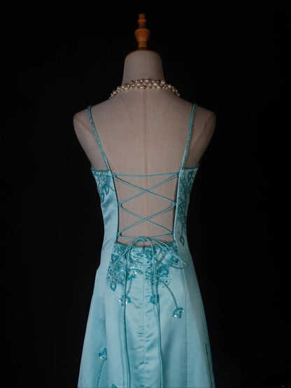 Vintage Mermaid Spaghetti Straps Satin With Beads Bodice Tiffany Blue Long Prom Dresses Impress 18th Birthday Outfits Prom Gown AS279