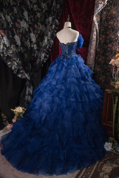 Cute Ball Gown Formal Events Strapless Royal Blue Organza With Tiered 3D Flowers Quince Dress Quinceanera Dresses Birthday Outfits RB8527