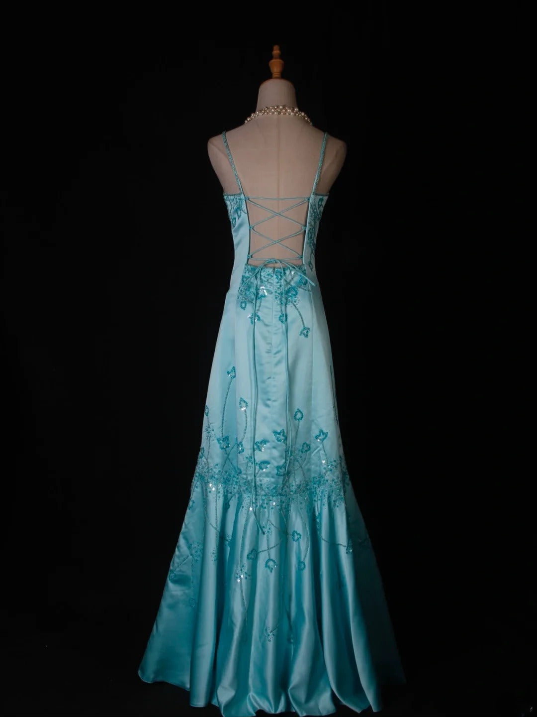 Vintage Mermaid Spaghetti Straps Satin With Beads Bodice Tiffany Blue Long Prom Dresses Impress 18th Birthday Outfits Prom Gown AS279