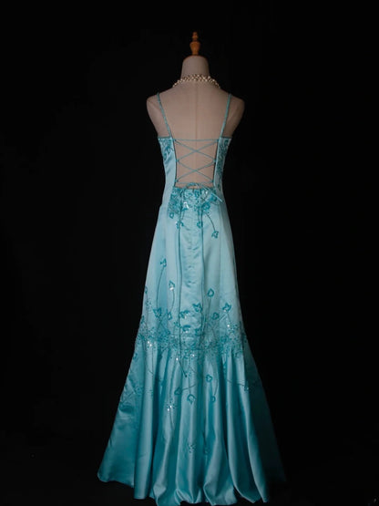 Vintage Mermaid Spaghetti Straps Satin With Beads Bodice Tiffany Blue Long Prom Dresses Impress 18th Birthday Outfits Prom Gown AS279