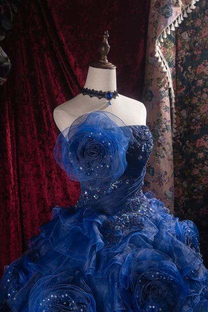 Cute Ball Gown Formal Events Strapless Royal Blue Organza With Tiered 3D Flowers Quince Dress Quinceanera Dresses Birthday Outfits RB8527