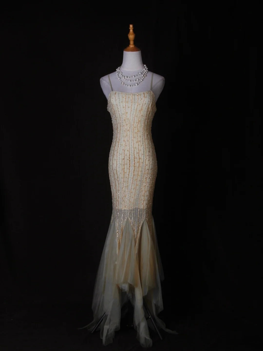 Vintage Mermaid Spaghetti Straps Tulle Yellow With Beads Bodice Long Prom Dresses Impress 20th Birthday Outfits Prom Gown AS280