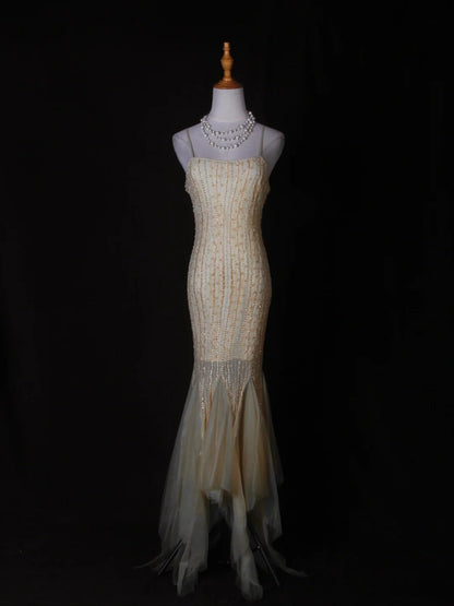 Vintage Mermaid Spaghetti Straps Tulle Yellow With Beads Bodice Long Prom Dresses Impress 20th Birthday Outfits Prom Gown AS280