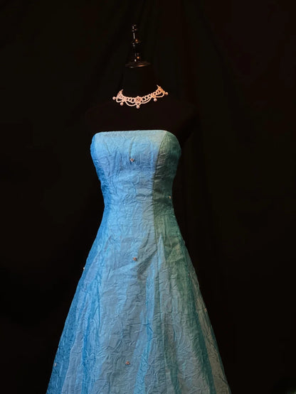 Modest Prom Dresses Ball Gown Strapless Blue With Ruffled Long Night Evening Formal Outfits RB6122