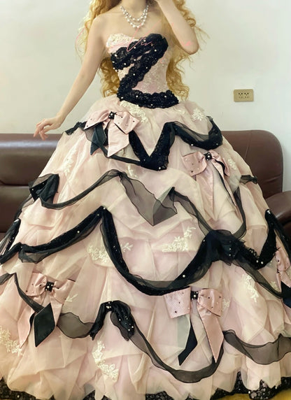 Strapless Tulle Sweet 16 Dress Pink Black Ball Gown Sweet Sixteen Formal Party Gown RB9331