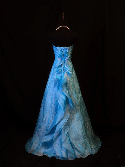 Modest Prom Dresses Ball Gown Strapless Blue With Ruffled Long Night Evening Formal Outfits RB6122