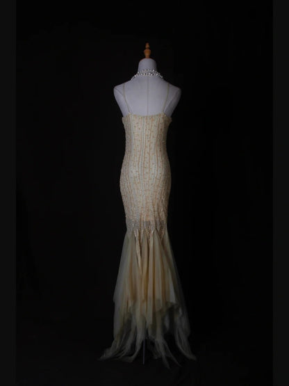 Vintage Mermaid Spaghetti Straps Tulle Yellow With Beads Bodice Long Prom Dresses Impress 20th Birthday Outfits Prom Gown AS280