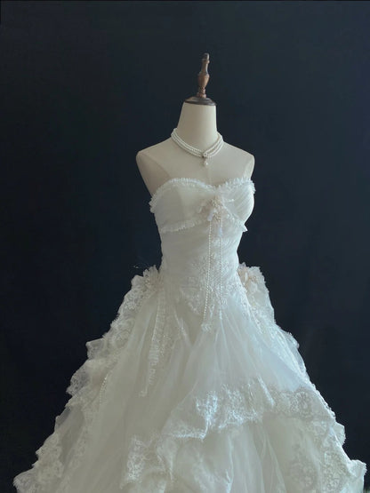 Vintage 80s Ball Gown Sweetheart White Tulle With Appliqued Lace Tiered Brides Gown Bridal Dress Wedding Dresses RB7730