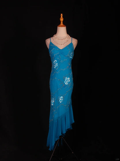 Vintage Mermaid Spaghetti Straps Irregular With Beads Embroidery Bodice Chiffon Prom Dresses Impress 20th Birthday Outfits Formal Gown AS281