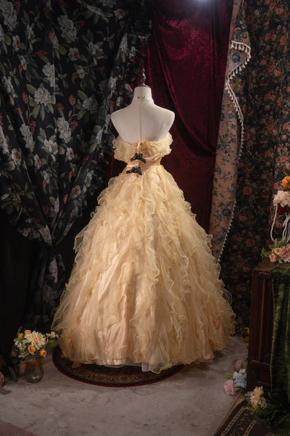 Cute Ball Gown Formal Events Strapless Yellow Tulle With Tiered Quince Dress Long Quinceanera Dresses Birthday Outfits RB8528