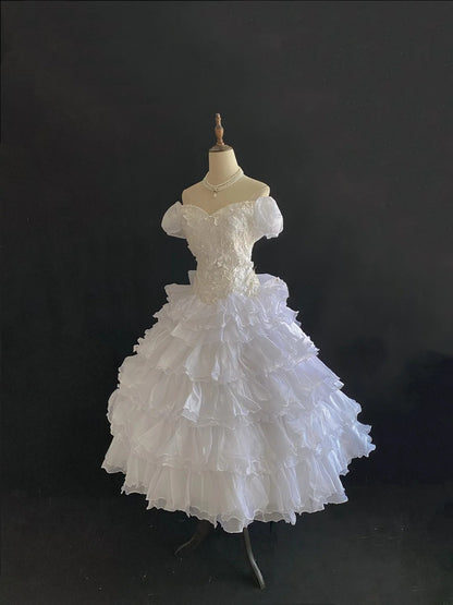 Vintage 80s Ball Gown Off The Shoulder White Tulle With Lace Tea Length Tiered Brides Gown Bridal Dress Wedding Dresses RB7731