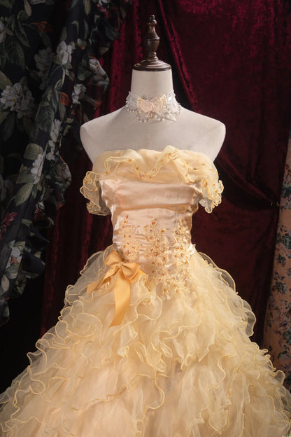 Cute Ball Gown Formal Events Strapless Yellow Tulle With Tiered Quince Dress Long Quinceanera Dresses Birthday Outfits RB8528