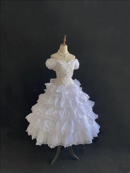 Vintage 80s Ball Gown Off The Shoulder White Tulle With Lace Tea Length Tiered Brides Gown Bridal Dress Wedding Dresses RB7731