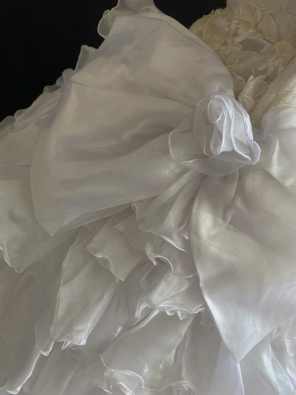 Vintage 80s Ball Gown Off The Shoulder White Tulle With Lace Tea Length Tiered Brides Gown Bridal Dress Wedding Dresses RB7731