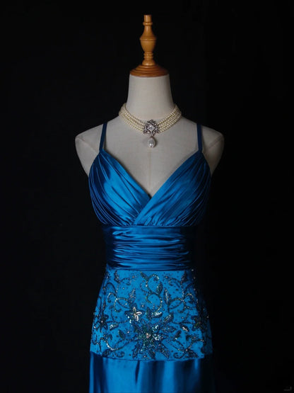 Vintage A Line Spaghetti Straps Blue Satin Sequins With Beaded Bodice Long Prom Dresses Impress 18th Birthday Outfits Prom Gown AS282