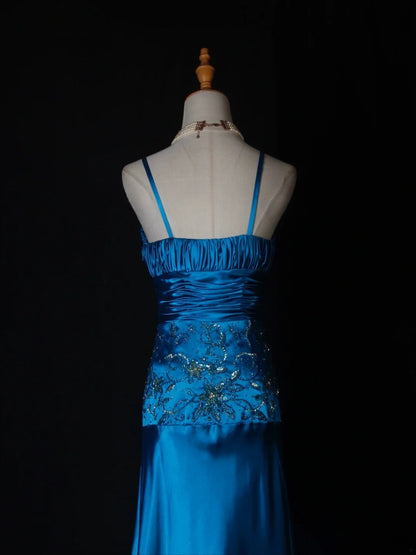 Vintage A Line Spaghetti Straps Blue Satin Sequins With Beaded Bodice Long Prom Dresses Impress 18th Birthday Outfits Prom Gown AS282