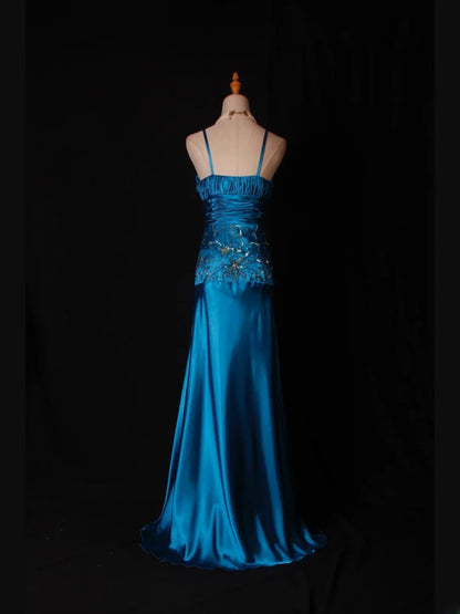 Vintage A Line Spaghetti Straps Blue Satin Sequins With Beaded Bodice Long Prom Dresses Impress 18th Birthday Outfits Prom Gown AS282