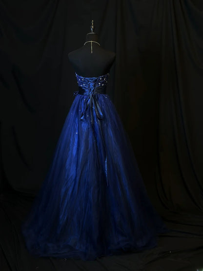 Modest Prom Dresses Ball Gown Sweetheart Royal Blue With Silver Beading Long Night Evening Formal Outfits RB6123