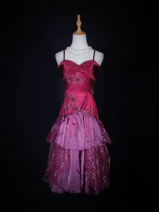 Retro Mermaid Spaghetti Straps Hot Pink Satin Tea Length 16th Birthday Dress Homecoming Dresses Cocktail Gown AS283