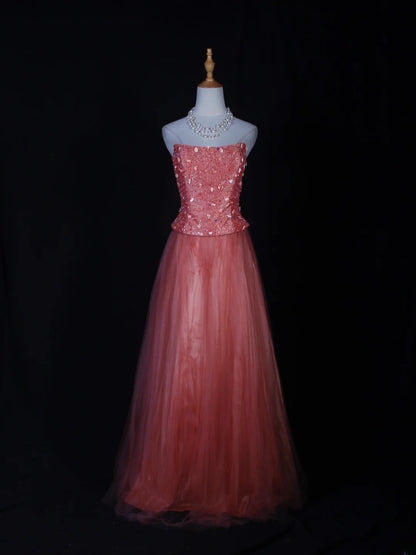 Vintage A line Strapless Pink Tulle With Beads Bodice Long Prom Dresses Impress 20th Birthday Outfits Formal Gown AS284