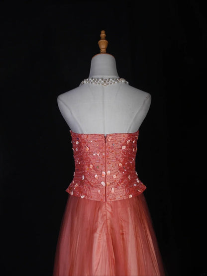 Vintage A line Strapless Pink Tulle With Beads Bodice Long Prom Dresses Impress 20th Birthday Outfits Formal Gown AS284