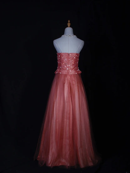 Vintage A line Strapless Pink Tulle With Beads Bodice Long Prom Dresses Impress 20th Birthday Outfits Formal Gown AS284