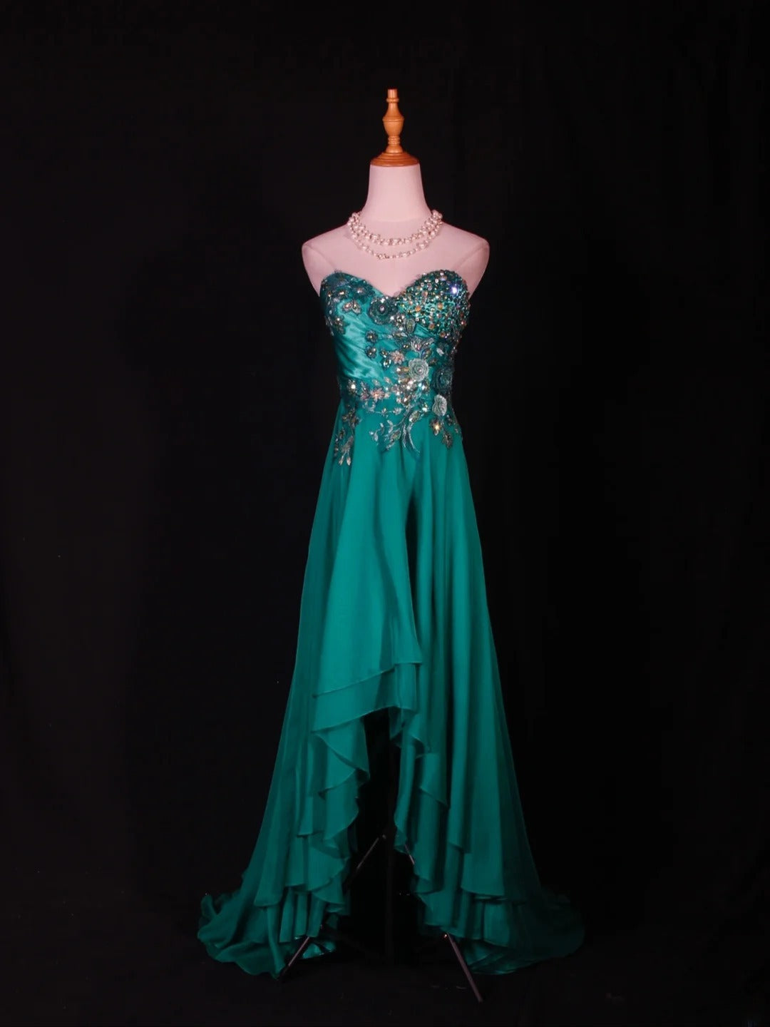 Vintage A line Sweetheart Chiffon High Low Green With Beads Bodice Long Prom Dresses Impress 20th Birthday Outfit Formal Gown AS285
