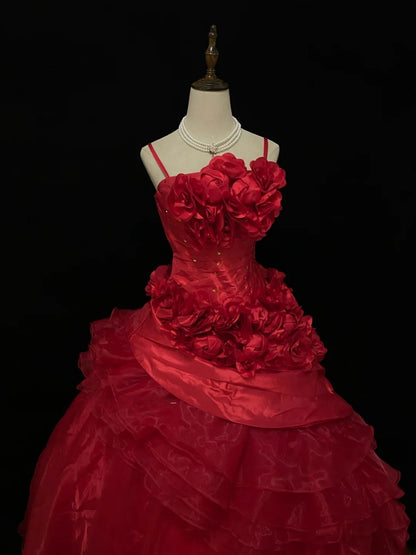 Ethereal Prom Ball Gowns Spaghetti Strap Red Organza Poofy Long With 3D Flowers Quince Dress inspo Quinceanera Dresses Vestidos De 16 anos RB7736