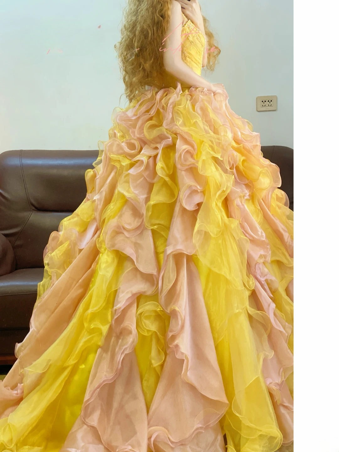 Tulle Sweet 16 Dress Pink Yellow Spaghetti Straps Ball Gown Sweet Sixteen Formal Party Gown RB9336